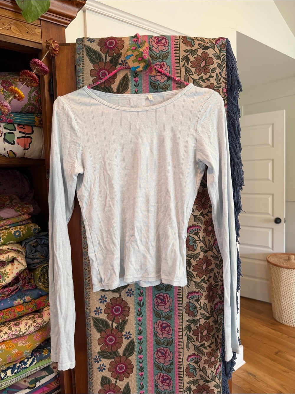 FORM Light Blue Long-Sleeve Women's Cotton Pointelle Top